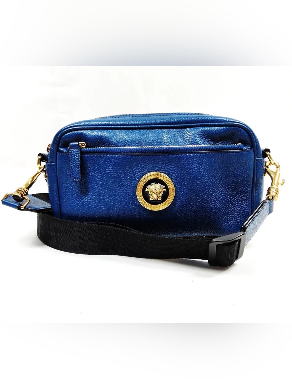 Versace Blue Leather Shoulder Bag with Gold Medusa Emblem